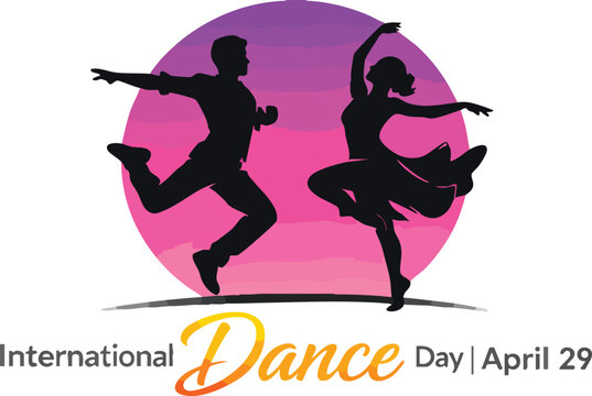 International dance day celebration poster with silhouettes of a dancing couple on a purple and pink gradient circular background