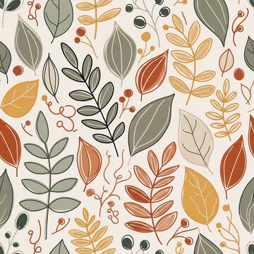 Seamless hand-drawn botanical pattern with organic leaves and imperfect lines