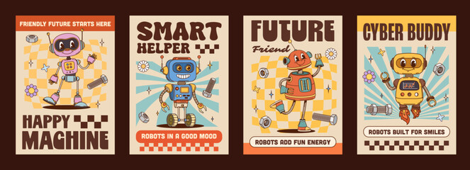 Obraz premium Robots and droids characters Y2K groovy hippie posters and funky banners, cartoon vector. Funny groovy retro robots, funky droids and cyber bots with happy faces and mechanic tools or wrenches