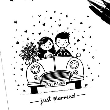 Love on Wheels: A whimsical illustration captures a newlywed couple in a classic car, driving off into their happily-ever-after.