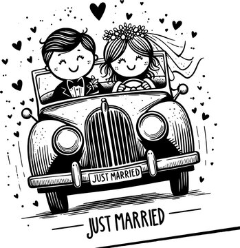 Newlyweds' Joyride: A delightful sketch of a just-married couple embarking on their journey of love, riding in a classic car, surrounded by hearts.