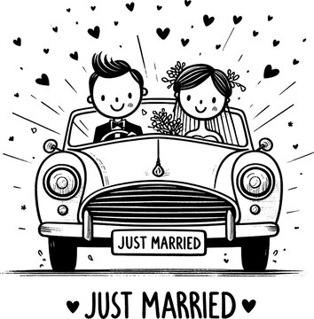 Just Married Car Illustration: A joyful illustration captures a newlywed couple in a classic car, driving off into their happily ever after, surrounded by hearts and radiating happiness.