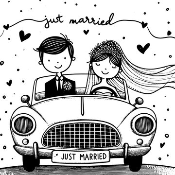 Just Married: A charming hand-drawn illustration captures the pure joy and excitement of a newlywed couple embarking on their journey together in a classic car.