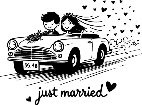 Just Married Joyride: A newlywed couple embarks on a joyous journey in a classic car, surrounded by the sweet symbols of love. Capturing the spirit of just married and the promise of a shared future.