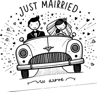 Newlyweds' Joyride: A delightful sketch captures the bliss of a newly married couple, embarking on their life's journey in a charming vintage car, surrounded by symbols of love and happiness.