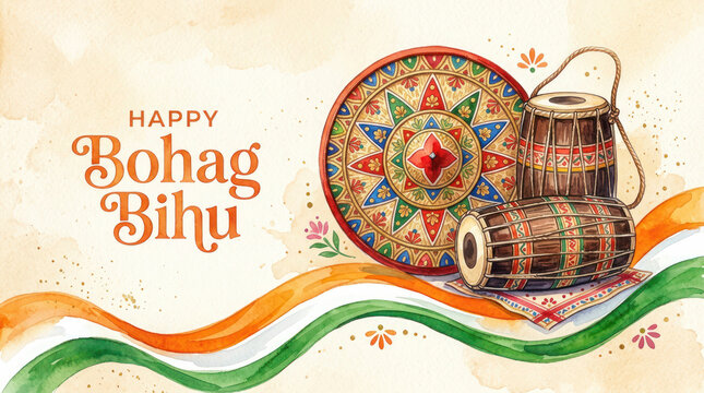 Colorful illustration of traditional Assamese musical instruments and decorative patterns for Bohag Bihu festival celebration