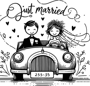 Joyride of Newlyweds:  A charming illustration of a just-married couple, embarking on their life's journey in a vintage car, surrounded by symbols of love and new beginnings.