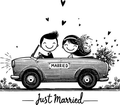Just Married Car: A whimsical illustration of a newlywed couple embarking on their journey together in a classic car, symbolizing love, happiness, and a new beginning.
