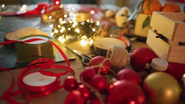Closeup festive gift wrapping table with ornaments, red baubles, ribbons and twine, wooden crate and scissors, tangled fairy lights adding warm glow, cozy handmade preparation scene for christmas