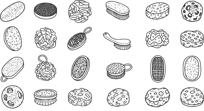 Black and White Line Art Illustration of Various Bath Sponges and Brushes for Personal Care