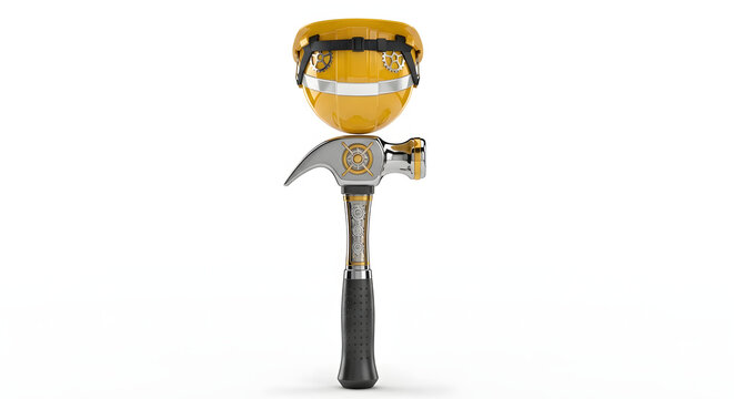 Yellow construction hard hat and metal hammer with gears detail