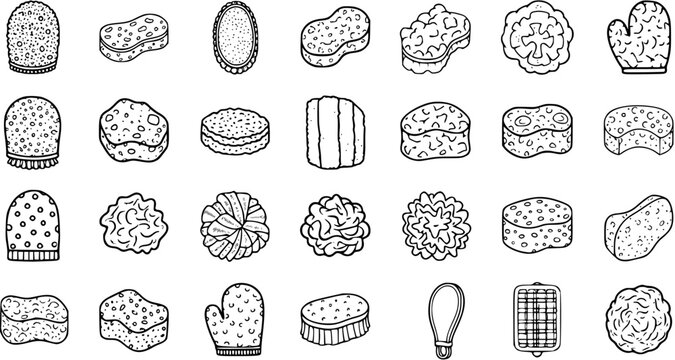 Black and White Line Art Collection of Various Sponges and Scrubbers for Bath and Cleaning