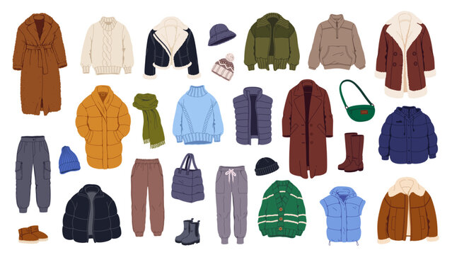 Winter wardrobe clothes and shoes with coats, jackets and sweaters, hoodies and cardigans, warm pants and bags, knitted hat, scarves. Raincoat, down jacket, sheepskin coat, trousers and boots outfit