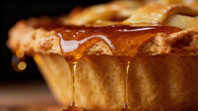 macro shot of thick amber syrup dripping down golden crust perfect for apple pie day