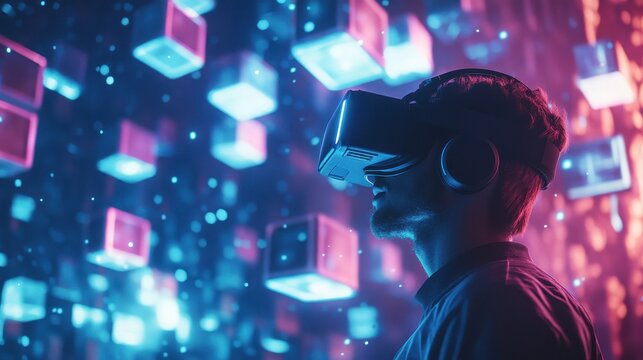 A man wearing a virtual reality headset in a futuristic environment with neon lights and floating cubes.