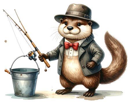 An otter dressed as a fisherman, cartoon character ready for fishing adventure