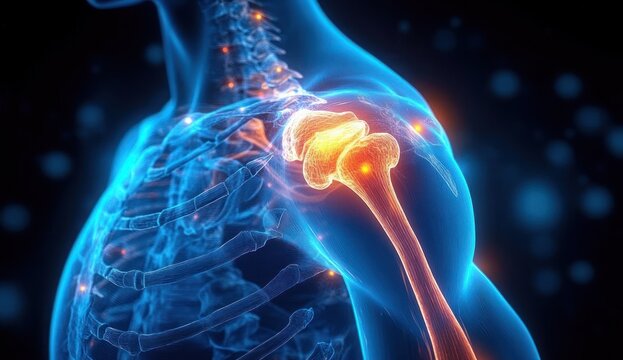 translucent blue torso x-ray view showing ribcage spine clavicle scapula and a glowing orange shoulder joint with highlighted pain points conveying inflammation and discomfort