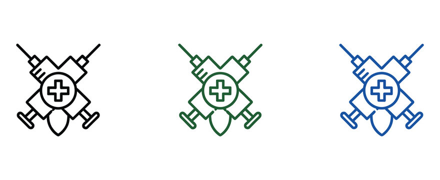 Medical syringe with protection shield icon set, vaccination safety and immune system boost symbols in modern line and flat vector style