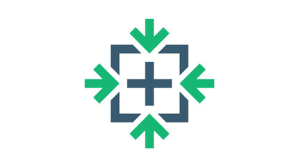 Obraz premium Icon Of Medical First Aid Kit Cross Inside A Square With Green Arrows