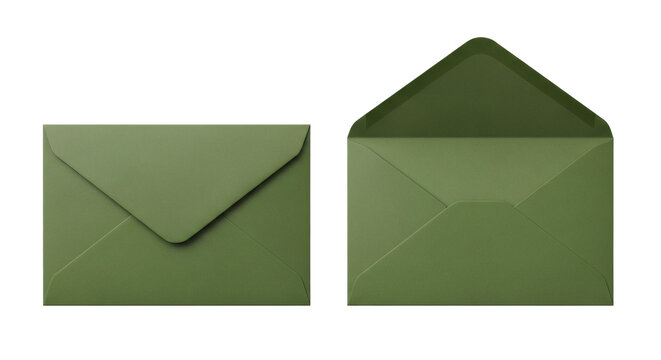 A beautiful set of two elegant green envelopes, one perfectly sealed and another thoughtfully opened, showcasing its textured paper, ideal for invitations, letters, and important greetings&nbsp;