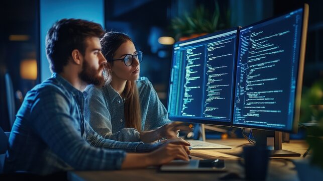 Two software developers collaborating on a coding project in a modern office at night