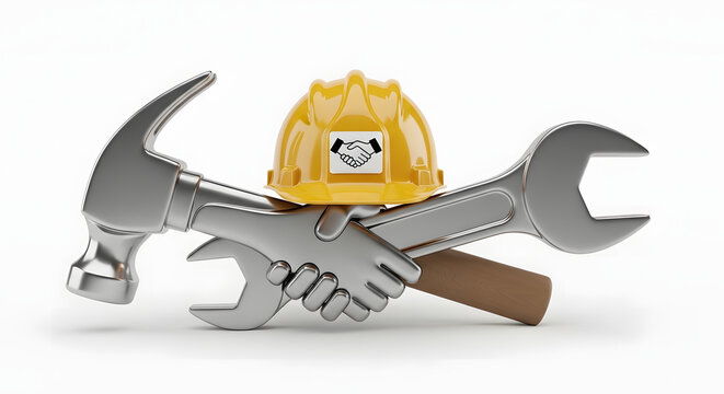 Construction worker tools with hard hat and handshake symbol