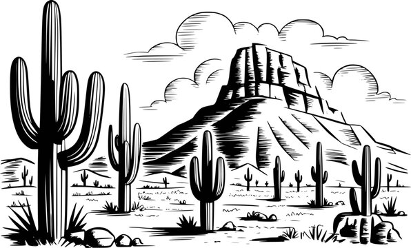 Black and white desert landscape with saguaro cacti and mountain silhouette cactus