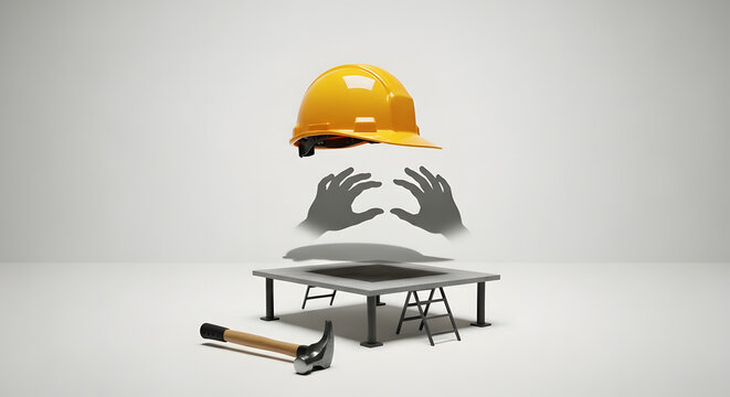 Creative construction concept with yellow safety helmet and invisible worker shadows on plain studio background