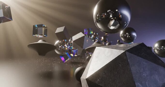 Floating Metallic Geometric Shapes and Prismatic Cubes in Dark Space