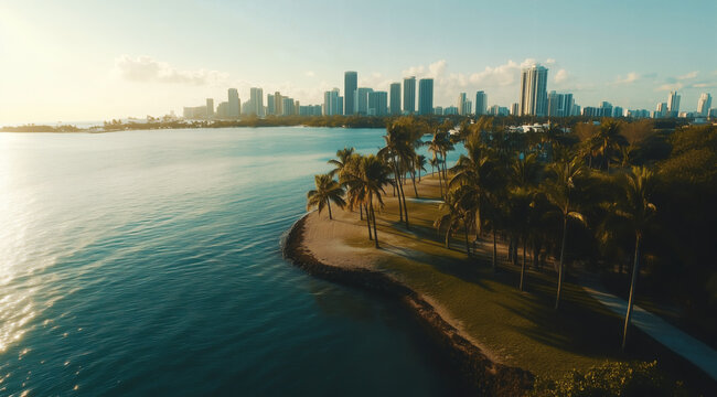 Tropical Miami park by the sea, soft light and green grass open to city towers and a clear water view