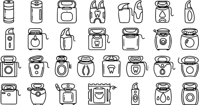 Dental Floss  Oral Hygiene Line Art Icons Set. Black  White Outline Symbols for Tooth Care, Flossing Devices, and Dental Health Products Collection.