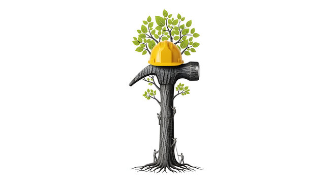 Sustainable construction and green building development concept with tree growing from hammer wearing hard hat