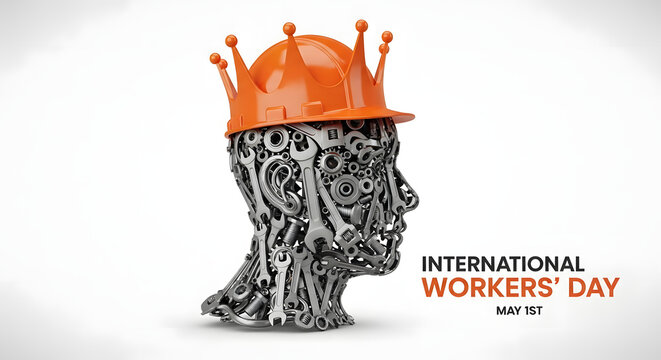 International workers day poster with human profile made of metal tools wearing crown helmet