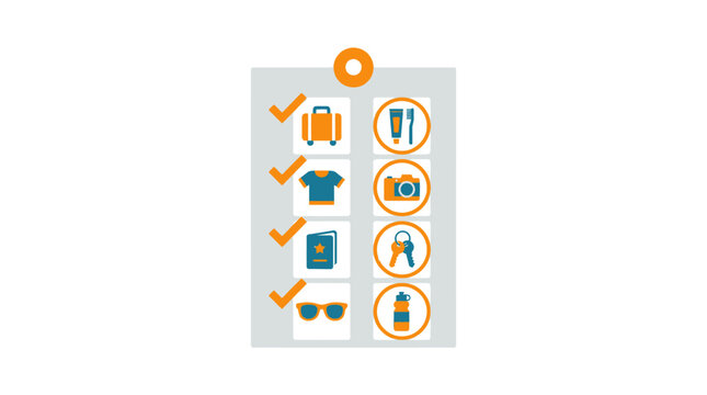 Icon Set of Travel Essentials and Personal Items in a Circular Layout for Packing List and Organization