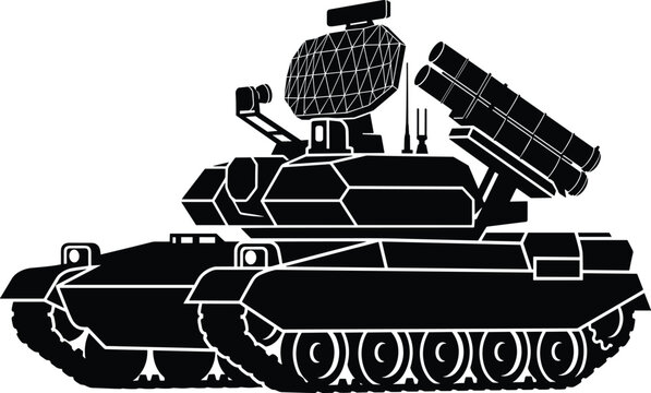 Black silhouette of a military tank with missile launcher, white outline on plain white background