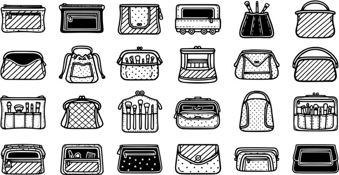 Black and White Line Art Collection of Various Cosmetic Bags and Pouches for Makeup