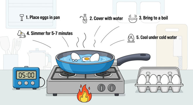 Cooking soft boiled eggs step-by-step on a stovetop with timer and egg carton