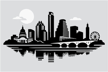 Fototapeta premium Panoramic Austin Skyline Landscape Silhouette with Reflection on Water