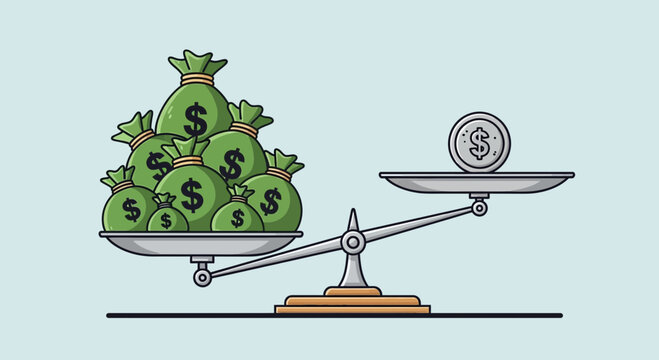 Money bags on scale vs single coin illustrating financial inequality, wealth gap, and economic imbalance