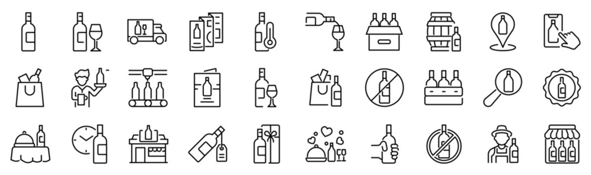 Set of 30 outline icons related to wine bottle. Linear icon collection. Editable stroke. Vector illustration