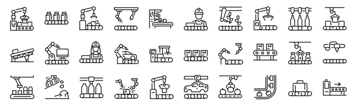 Set of 30 outline icons related to conveyor. Linear icon collection. Editable stroke. Vector illustration