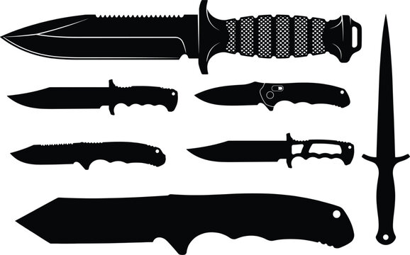 knife and dagger  Black silhouettes of various knives on white background, blade handles