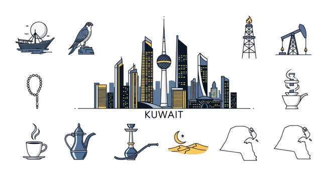 Kuwait City Skyline and Cultural Icons: Modern Architecture, Falcon, Dhow, Oil Pump