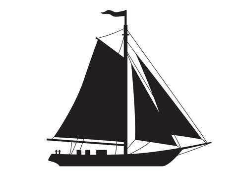 Black silhouette of a small sea sailing yacht. Vector illustration isolated on a white background