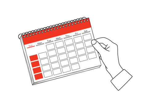 A hand holds a spiral calendar - outline design element with red accent. Vector illustration isolated on a white background