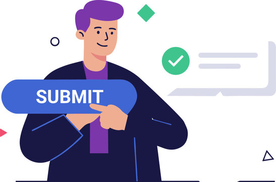 Man holding submit button on blue oval in digital interface