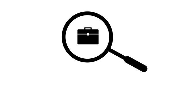 Job search concept with magnifying glass and work bag icons in black outline. Symbol of career, recruitment, and employment process