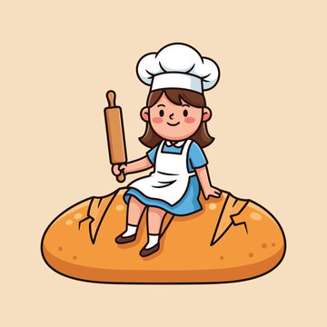 Cute baker girl sitting on a giant loaf of bread, holding a rolling pin, cartoon style