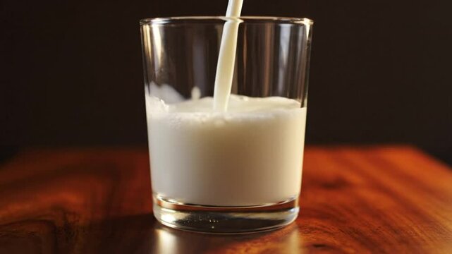 Pouring fresh white milk into a clear glass sitting on a wooden table, healthy drink concept