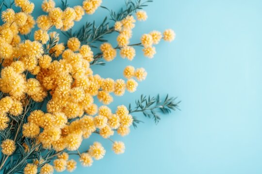 bright cluster of yellow pompom flowers with feathery green sprigs on a pastel blue background conveying cheerful spring freshness